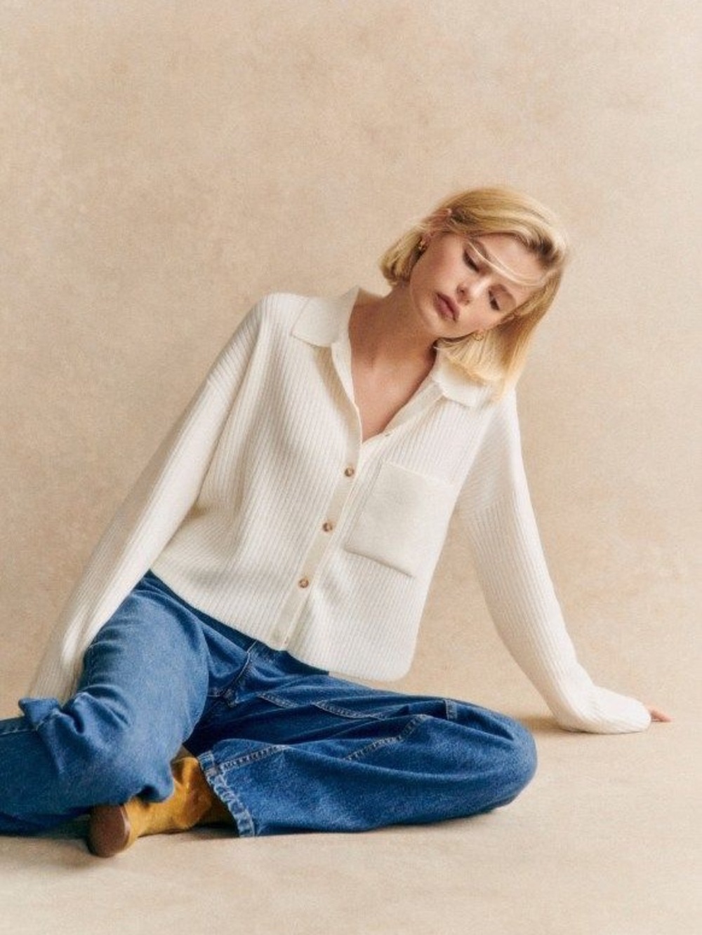 NWT Sézane Cream Ribbed Button-Front Cardigan
